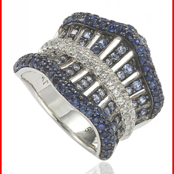 Suzy Levian Sterling Silver Blue &White Sapphire Crossing Ring - Size 6 - Picture 1 of 9
